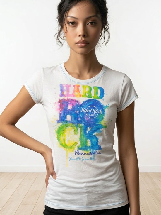 Hard Rock Cafe Tops - |•HARD ROCK CAFE•| White Multicolor Rhinestone Minneapolis MN T-Shirt Size Small